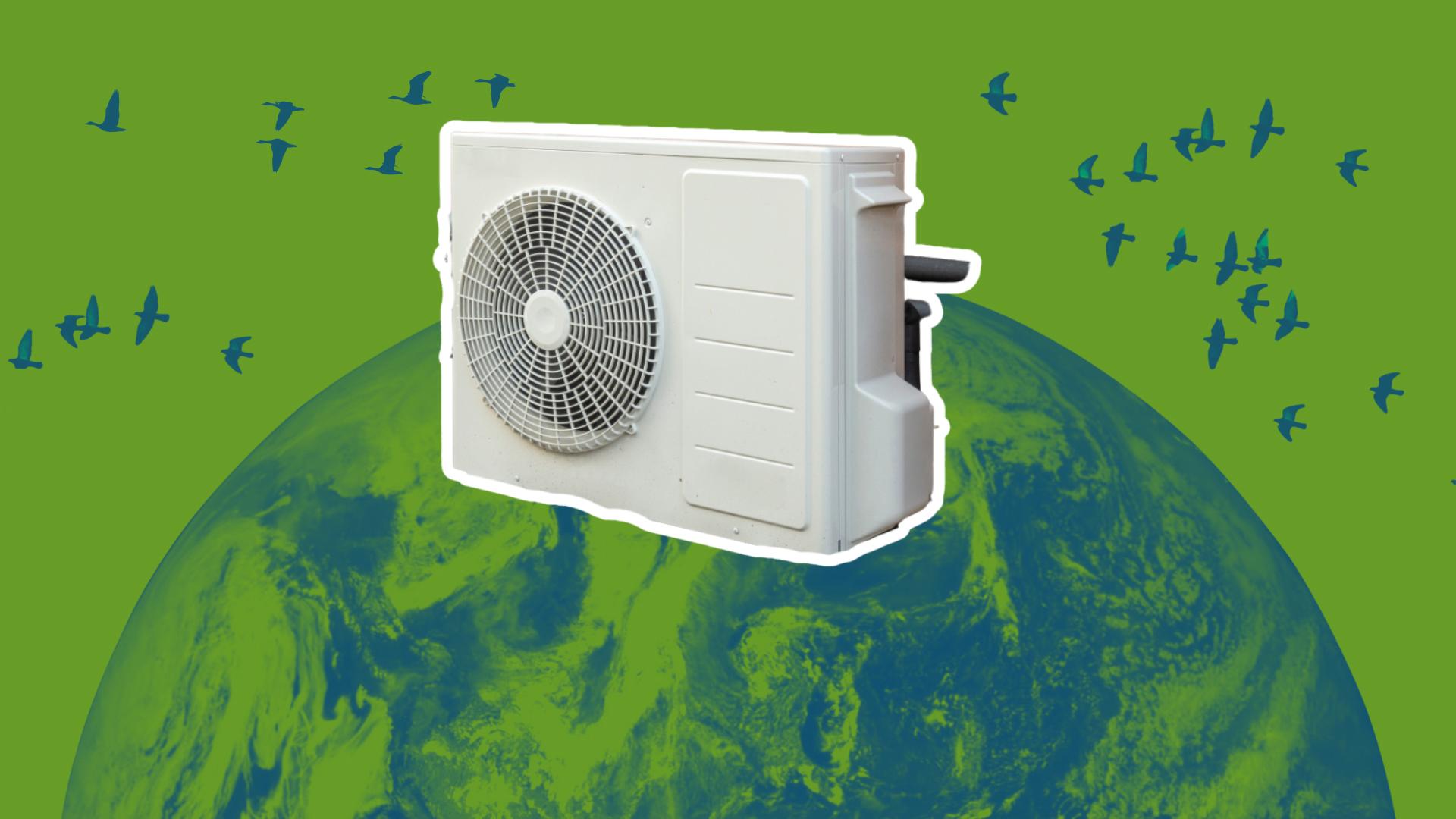 An image of a heat pump with a blue and green tinted photo of the Earth in the background